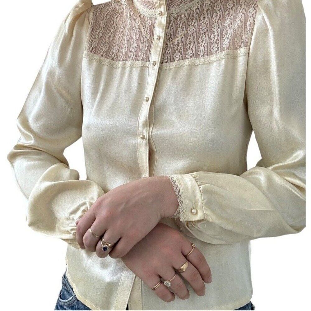 Vintage 1970s Gunne Sax Ivory Cream Satin Romantic Cottagecore Blouse Sz S - Picture 3 of 10